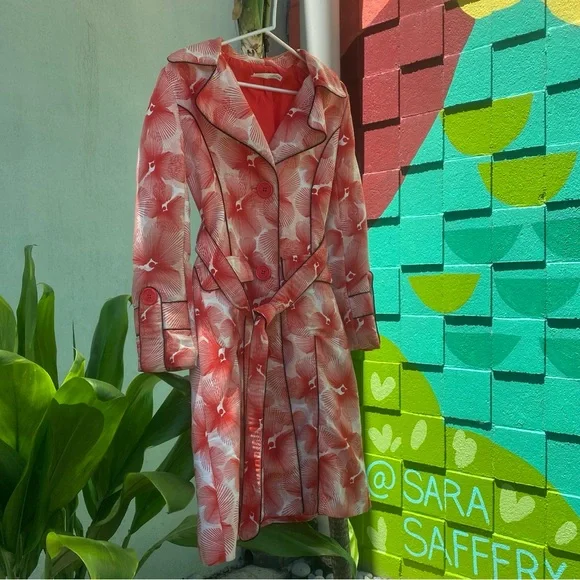 KAFFE clothing red and cream floral piped edge belted trench big button pockets - Picture 3 of 9